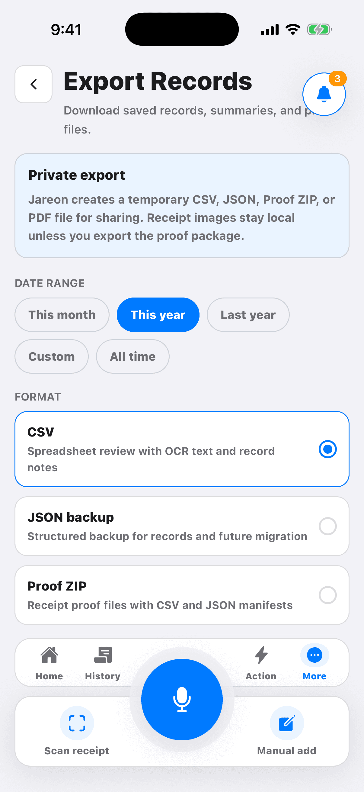 Jareon export records screen.