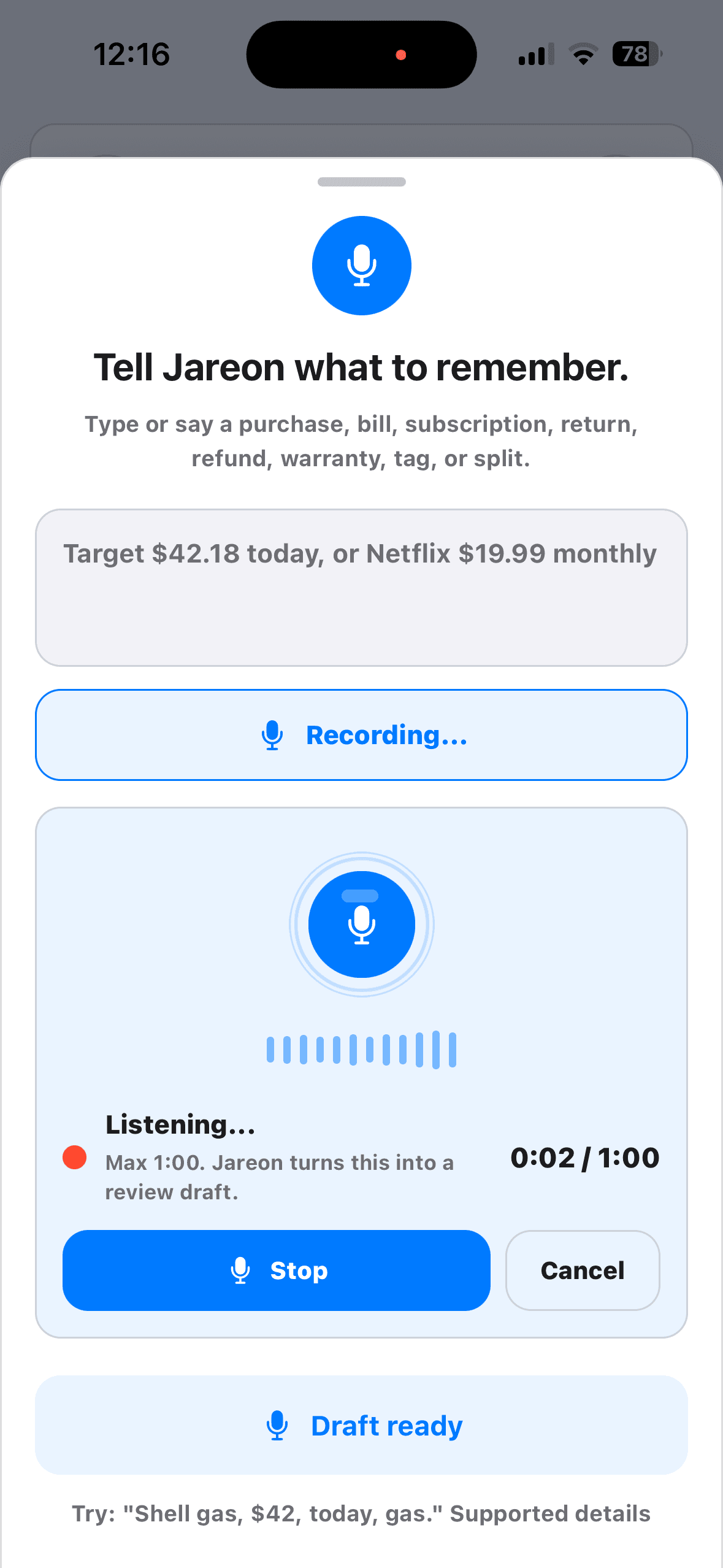 Jareon voice capture screen.